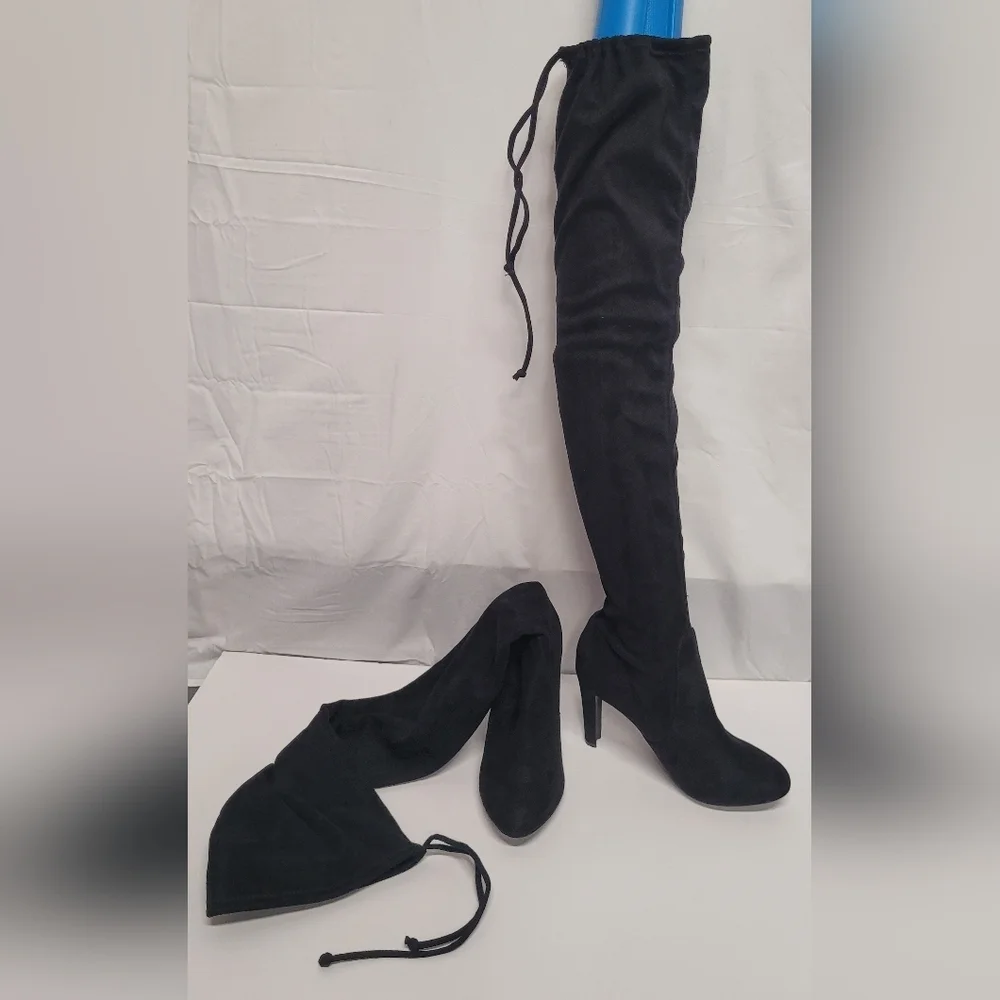NY&Co Tall Black Suede Feel (man made) Boots Pull On With Top Drawstring 8